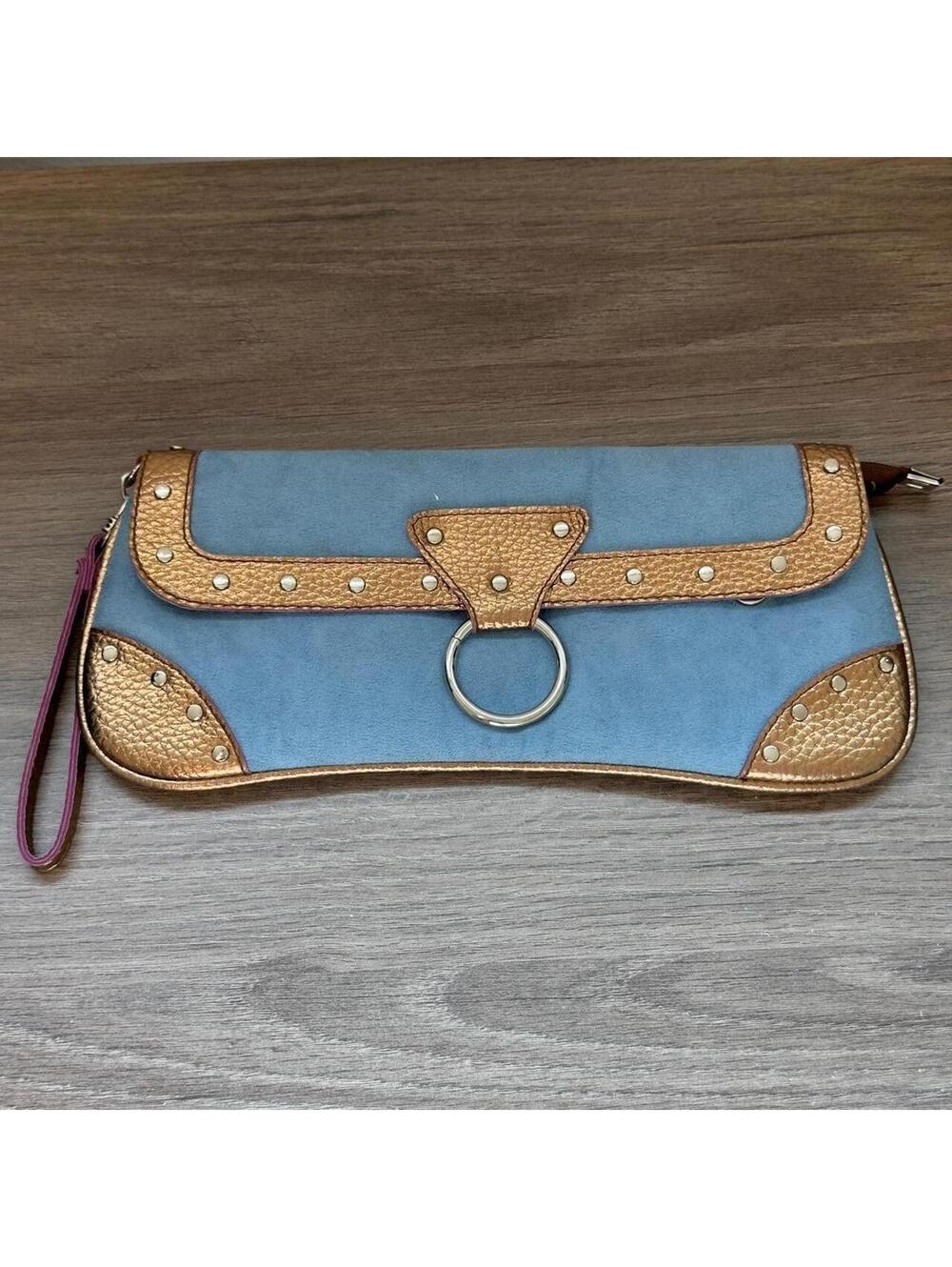 ੈ✩‧₊˚ y2k faux suede metallic gold and blue studded clutch bag